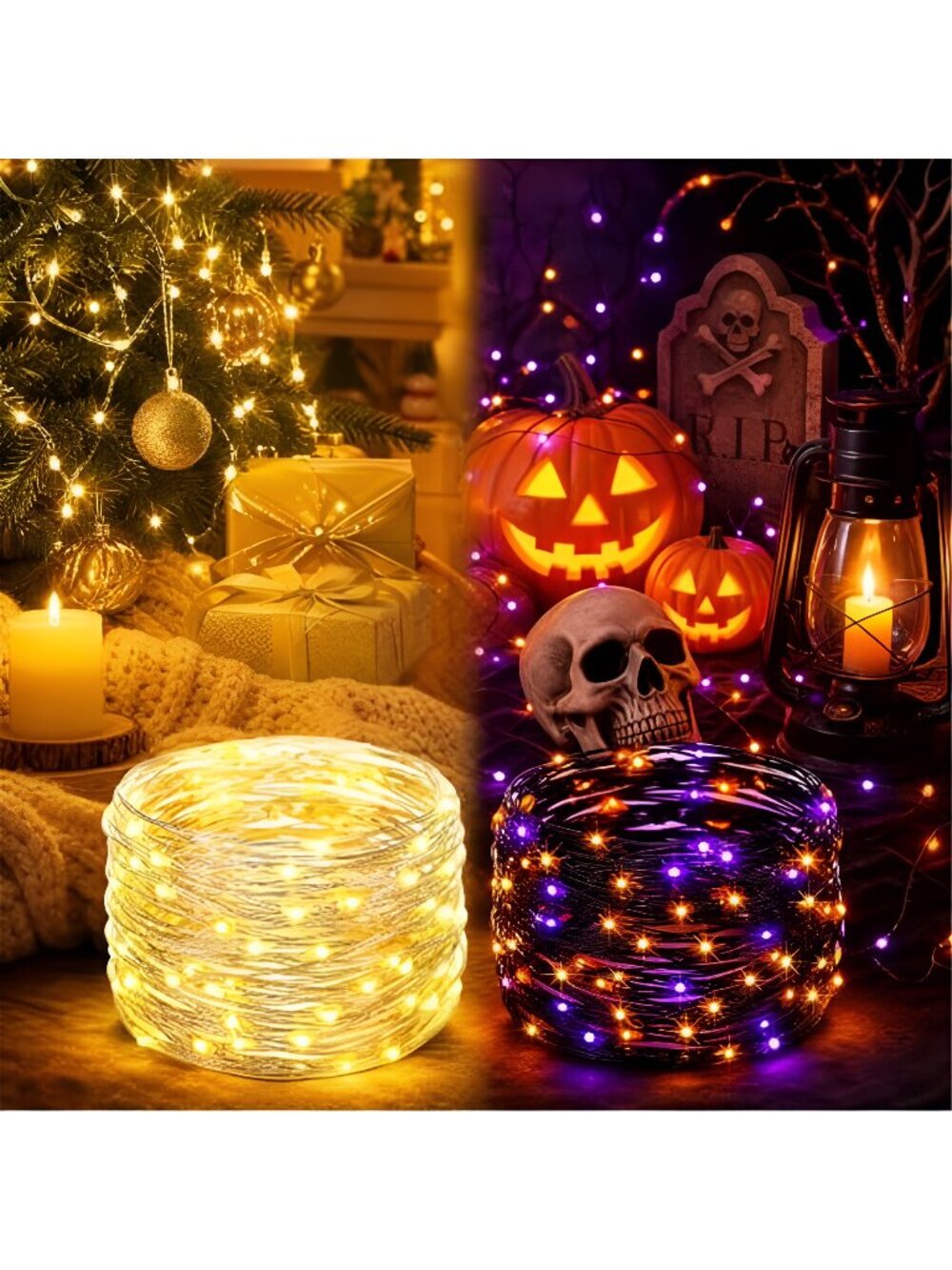 16FT 50 LED 1 Pack Fairy Lights+2 Pack Orange Purple Halloween Lights for Tree